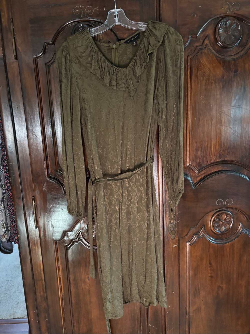 DownEast Olive Ruffle-Neck Long Sleeve Dress